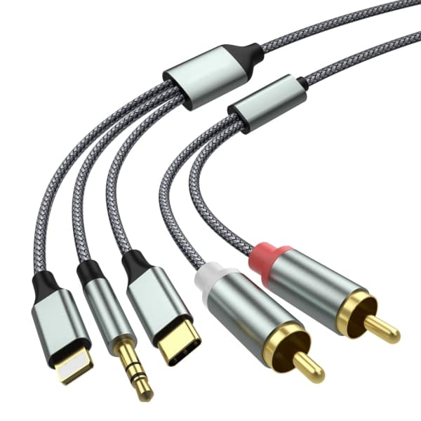 Lightning til RCA-kabel Audio Aux-adapter, RCA til 3,5 mm-kabel, USB C til 2 RCA-lydkabel, 3 i 1 lydkabel til bil, højttalere og mere 1,3 m