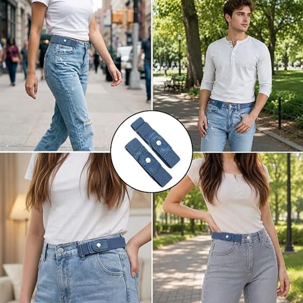 Sett med 2 usynlige sidestropper - Justerbart elastisk midjebelte - Unisex skredderstropper for klær og vesker - Skredderbelte - Denim Denimkleur