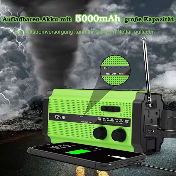 Solcelledrevet radio, bærbar AM/FM håndsvingradio, indbygget 5000mAh