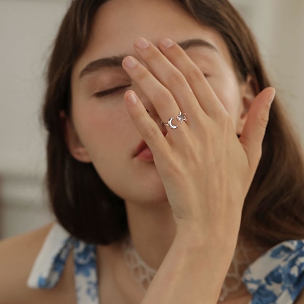 2 stk Sølv Angst Ringe Til Kvinder Månesten Anti Stress Ringe Justerbare Åbne Twist Ringe Til Kvinder Med Angst