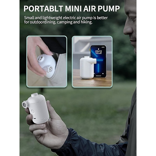 Vit - Elektrisk luftpump, Mini bärbar USB elektrisk luftpump, Campinguppblåsning och snabb tömning, 4 uppblåsningsmunstycken, Lämplig för madrasser /