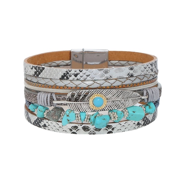 Leopardarmbånd for kvinner, Boho Leather Wrap Multi-Layer Pearl Crystal Armbånd Bangle smykker