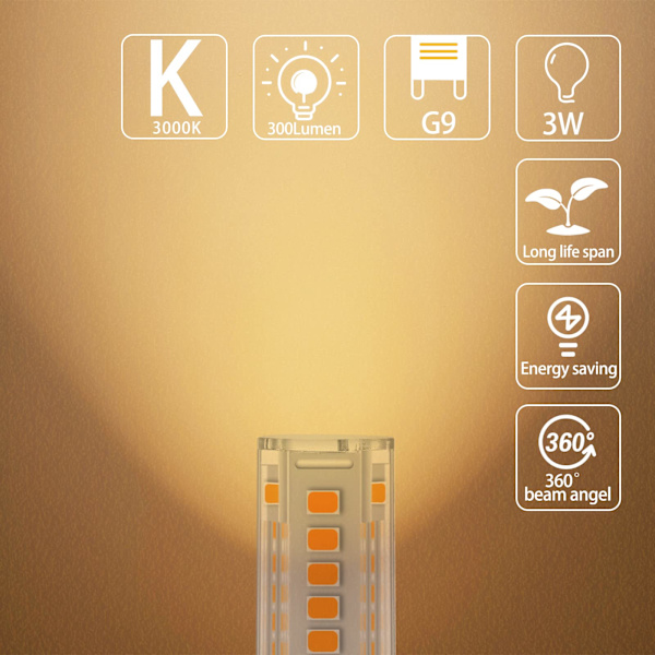 G9 LED-pærer, varmt hvitt, 3W, 300LM, 3000K, erstatning for 30W G9 halogenpære, flimmerfri, ikke dimbar for belysningsdekor, krone, 10-pakning