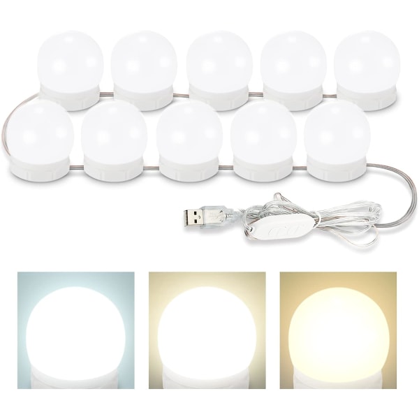 LED-sminkelamper for speil, sminkelamper i Hollywood-stil med 10 dimbare pærer, justerbar farge og lysstyrke