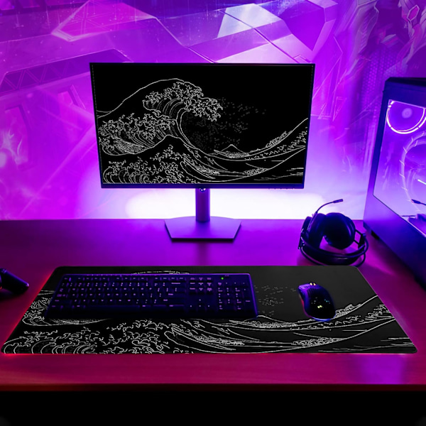 Japansk Havbølge Stor Mussemåtte, Anime Sort Gaming, Udvidet Kanagawa Måtte Skrivebordsunderlag, 3 mm Tyk Lang Skridsikker Gummibund Mussemåtte, 31,5 X 11,8 Tommer