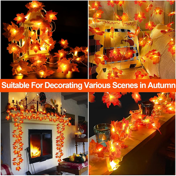 2-pack Höstdekoration Förstorad Lönnlöv Halloween Höstdekorationer för Hemmet Höstlampor Tjocka Löv Girlander, Totalt 20 fot 40 LED Batteridriven