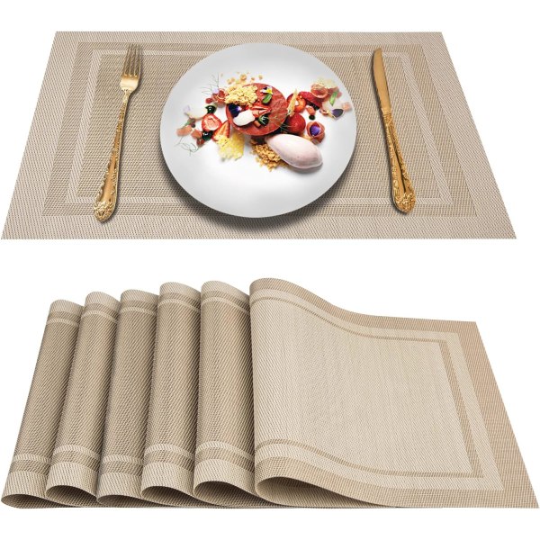Bordstabletter, bordstabletter Set om 6, vävd vinylbordsmatta, halksäkra, värmebeständiga tvättbara bordstabletter (beige)