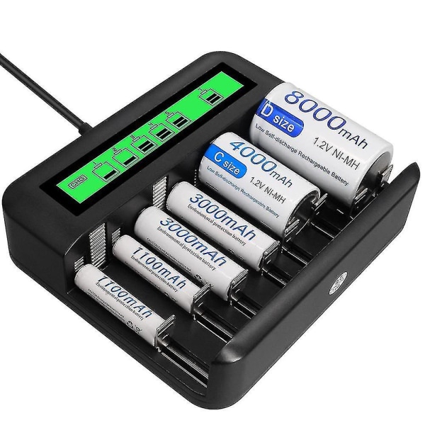 Lcd universal batterilader - 8-brønn Aa /aaa /c /d batterilader for oppladbare batterier med 2a usb-port, type C-inngang, rask Aa /aaa batteri kanal