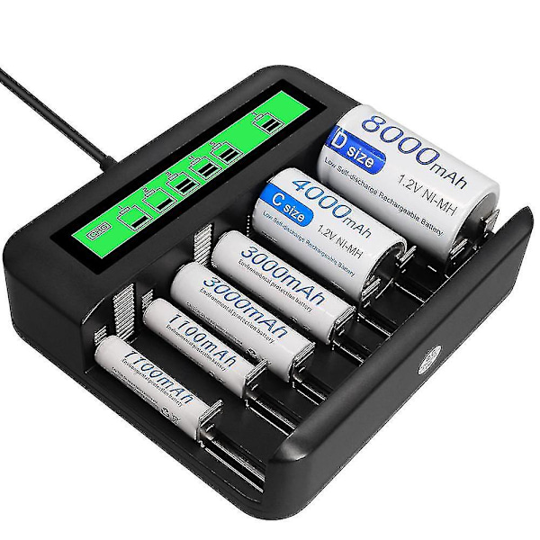 Lcd-yleislaturi - 8-paikkainen Aa /aaa /c /d-akkulaturi ladattaville akuille, jossa 2a Usb-portti, tyypin C tulo, nopea Aa /aaa-akkulaturi