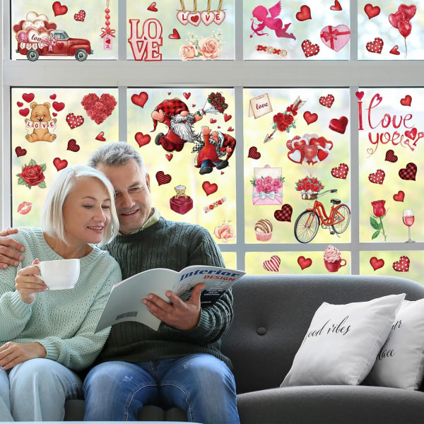 Valentines Window Clings, 9 ark återanvändbara Gnome Stickers Dekaler, dubbelsidig fönsterdekor för alla hjärtans dag bröllopsdag cute