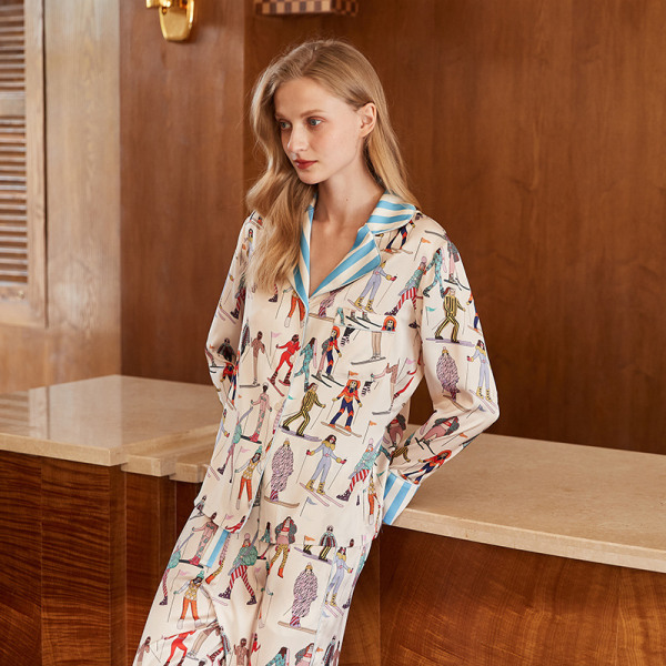 【Skidåkning】 silkespyjamas för kvinnor med långärmade hemkläder ski long sleeve pants set l