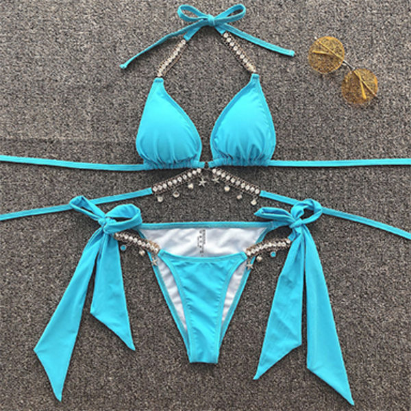 Lake Blue Pendant Bikini Sexig Metall Rhinestone Bikini Triangel Smocked Bikini butterfly printing l