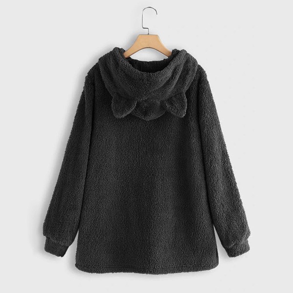 Oversize luvtröja i fleece med kattöron dam höst vintertröja dubbelsidig plysch black l