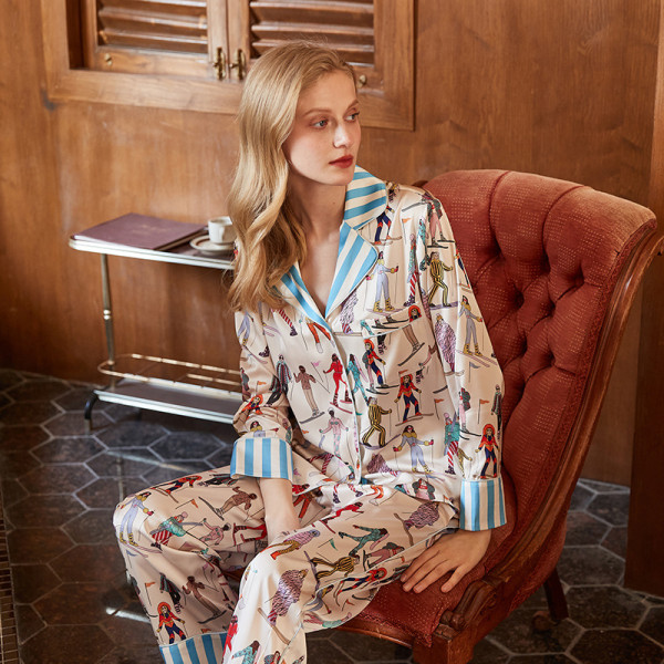 【Skidåkning】 silkespyjamas för kvinnor med långärmade hemkläder ski long sleeve pants set m