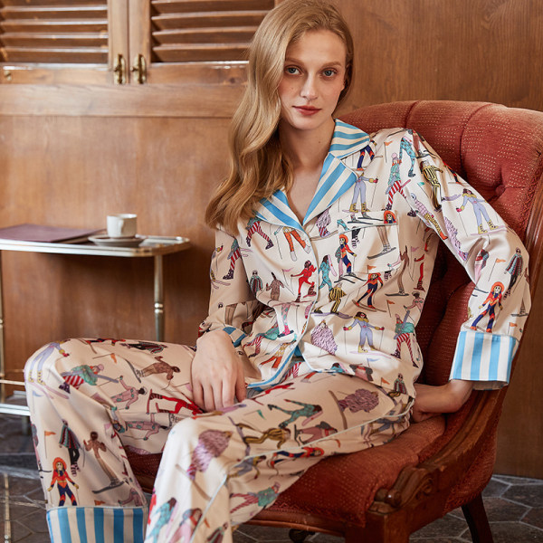 【Skidåkning】 silkespyjamas för kvinnor med långärmade hemkläder ski long sleeve pants set l