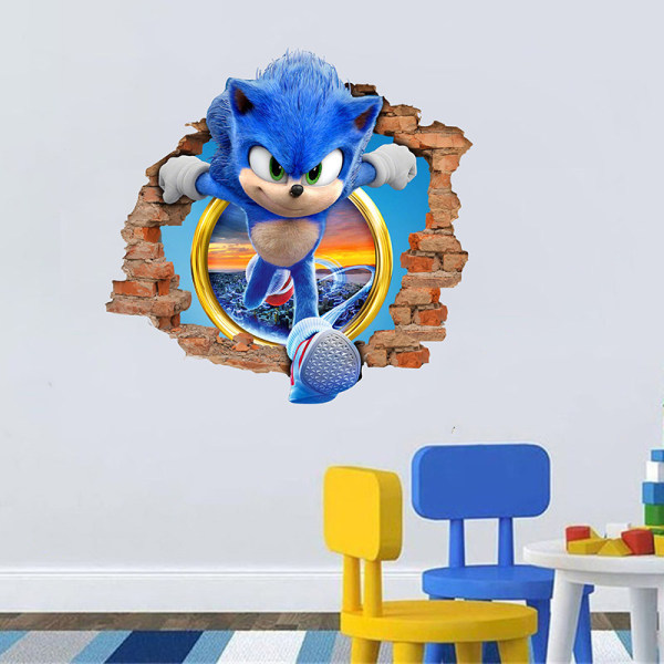 Sonic klistermärke självhäftande PVC 3D trasig vägg tecknad serie graffiti barnrum dekoration vägg klistermärke affisch vägg jbw1174: 47 * 32cm