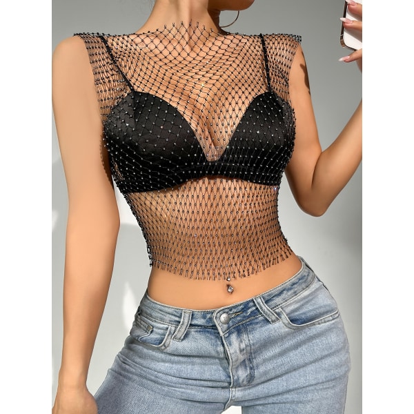 Alla hjärtans dag Sexiga damkläder Fisknät Hollow Flash Diamond Väst Mesh för kvinnor v-neck black background blue diamond l