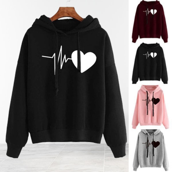 Plyschfodrad unisex -huvtröja Love Heart- printed huvtröja med dragsko black xl