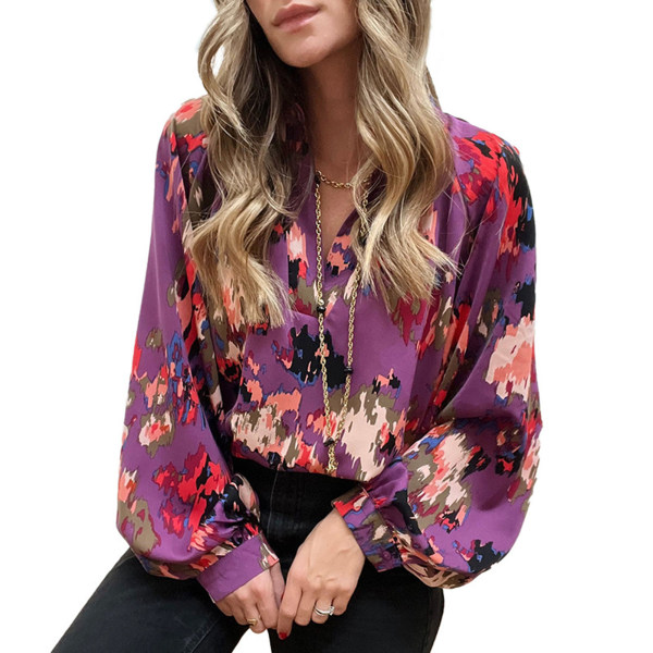 Höstblus för damer med print Lösa blusar Skjortor för höstens vår casual purple m