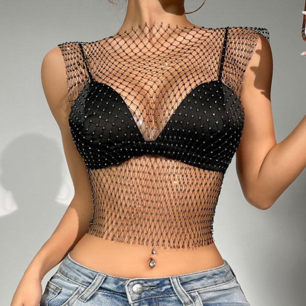 Alla hjärtans dag Sexiga damkläder Fisknät Hollow Flash Diamond Väst Mesh för kvinnor black ab v-neck s