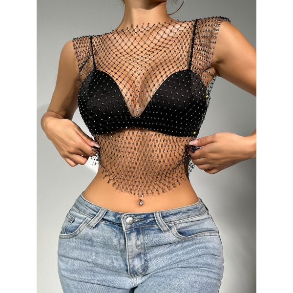 Alla hjärtans dag Sexiga damkläder Fisknät Hollow Flash Diamond Väst Mesh för kvinnor black ab v-neck m