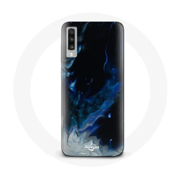 Samsung Galaxy A70 cover med multicolore røgskyer i blå, grå og sort på sort baggrund