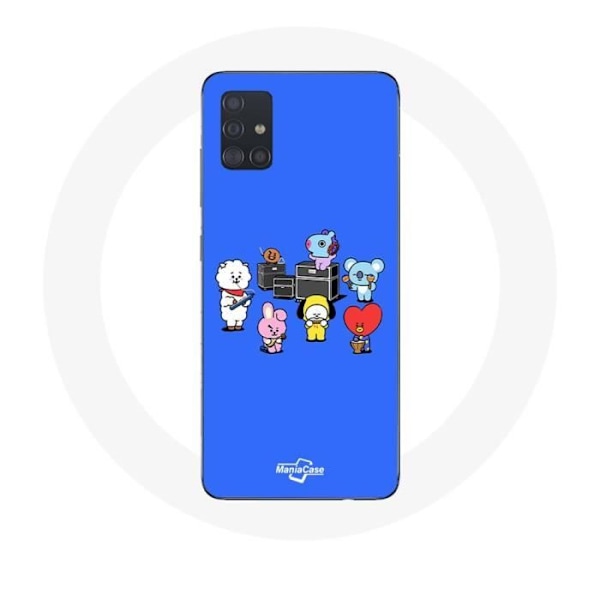 Skydd för Samsung Galaxy A51 5G BTS BT21 Tata Chimmy Cooky Rj Koya Shooky Och Mang Spelar Musik Blå Bakgrund