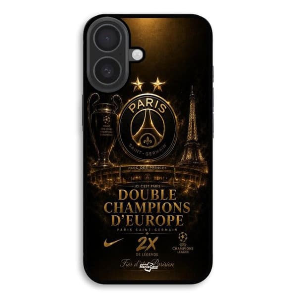 Cover til iPhone 16 Plus PSG Champions League 2 stjerner sort og guld Maniacase Svart
