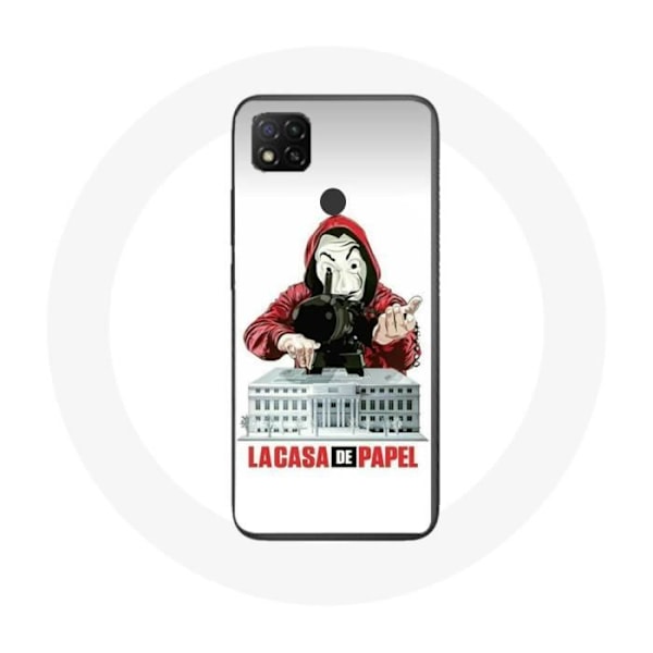 Coque Xiaomi Redmi 9C La casa de papel mask logotyp vit bakgrund
