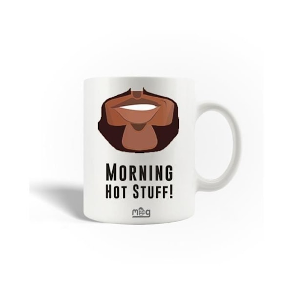 Mugg i keramik med citat, morgon, heta grejer, rutin