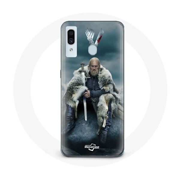Coque för Samsung Galaxy A20e Vikings Serie Säsong 6 Ragnar Lothbrok logotyp V Svärd Grå Bakgrund Dimma