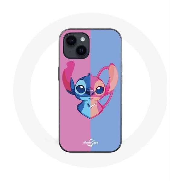 Coque - Maniacase - Iphone 14 Plus - Stitch og Angel - Blød - Sort/Blå/Rosa Blå, Rosa