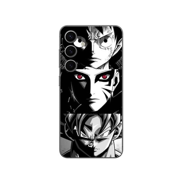 Coque Samsung Galaxy S24 FE Sangoku Naruto Luffy one piece Dragon Ball Z svart och vitt bakgrund, anime manga Maniacase