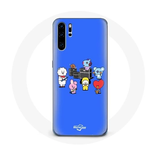 Coque för Huawei P30 Pro BTS BT21 Tata Chimmy Cooky Rj Koya Shooky Och Mang Spelar Musik Blå Bakgrund