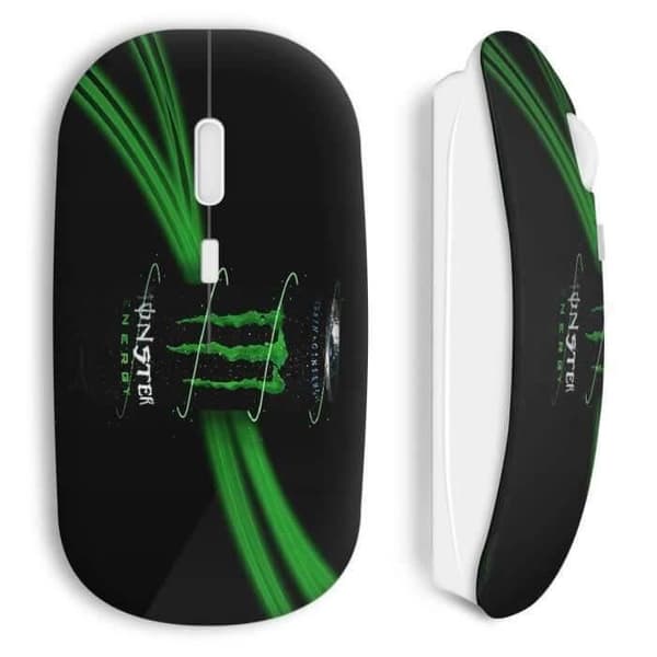 Souris utan tråd dricker Monster Energy grön