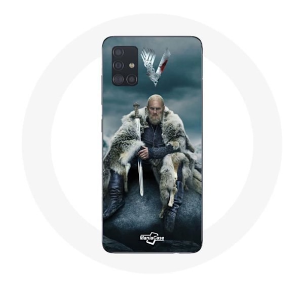 Coque för Samsung Galaxy A71 Vikings Serien Säsong 6 Ragnar Lothbrok logotyp V Svärd Grått Bakgrund Dimma