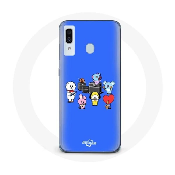 Coque för Samsung Galaxy A20e BTS BT21 Tata Chimmy Cooky Rj Koya Shooky och Mang Spelar Musik Blå Bakgrund