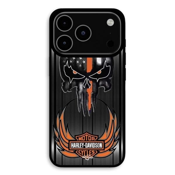 Cover til iPhone 17 Pro Max Harley Davidson dødningehoved grå baggrund Maniacase Svart