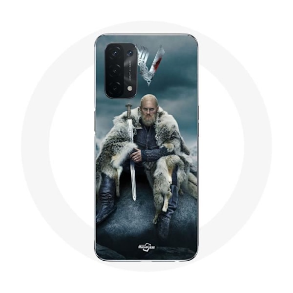 Skal för Oppo A74 Vikings Serie Säsong 6 Ragnar Lothbrok logotyp V Svärd Grå Bakgrund Dimma