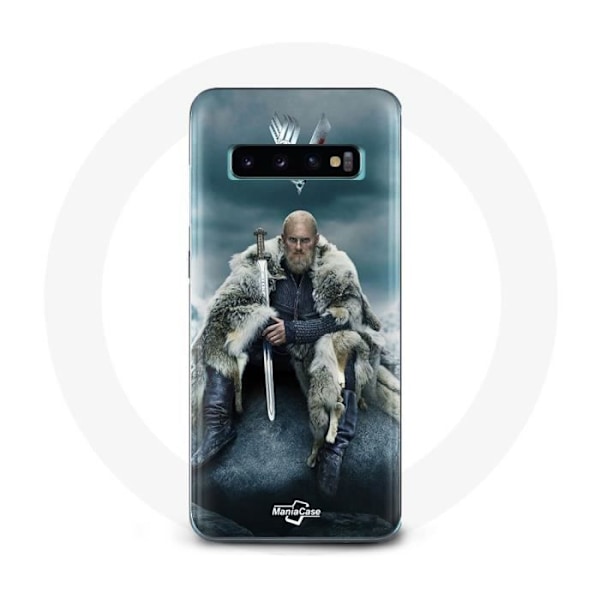 Coque för Samsung Galaxy S10 Vikings Serie Säsong 6 Ragnar Lothbrok logotyp V Svärd Grå Bakgrund Dimma