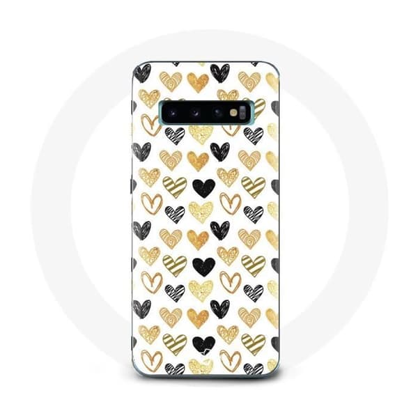 Cover til Samsung Galaxy S10 Plus med abstrakt tekstur af sorte, gule og grå hjerter