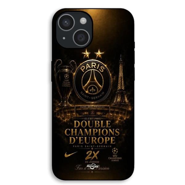 Cover til iPhone 15 Plus PSG Champions League 2 stjerner sort og guld Maniacase Svart