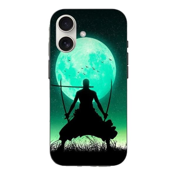 Cover til iPhone 16 Roronoa Zoro triple sværd fuldmåne svart