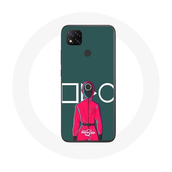 Coque Xiaomi Redmi 9C Squid Game Röd Soldat med Mask Cirkel Grön Bakgrund