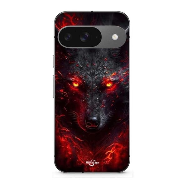 Cover til Google Pixel 9 Sort ulv rød ild svart