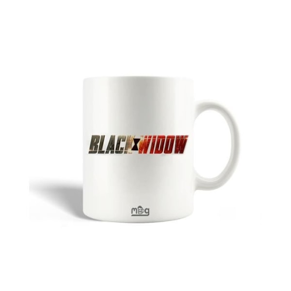 Mugg i keramik med Black Widow-logotyp i guld och röd