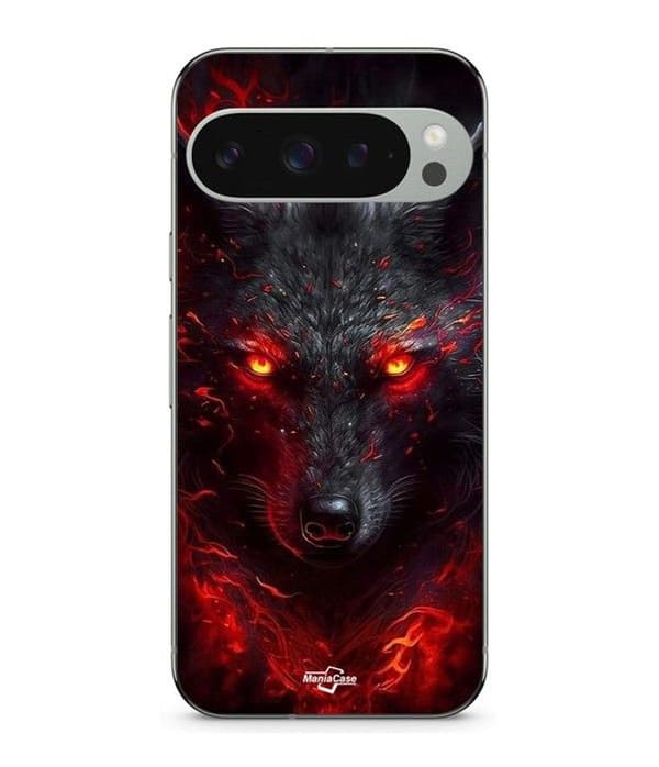 Cover - MANIACASE - Google Pixel 9 Pro XL - Blød - Sort - Sort ulv med rød ild Svart