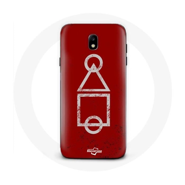 Skal till Samsung Galaxy J5 2017 Squid Game logotyp symboler cirkel fyrkant triangel röd bakgrund