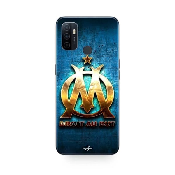 Oppo A32-skal i glänsande guld rakt på sak med blå botten Maniacase