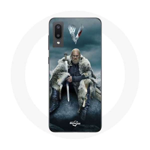 Coque för Samsung Galaxy A02 Vikings Säsong 6 Ragnar Lothbrok logotyp V Svärd Grå Bakgrund Dimma